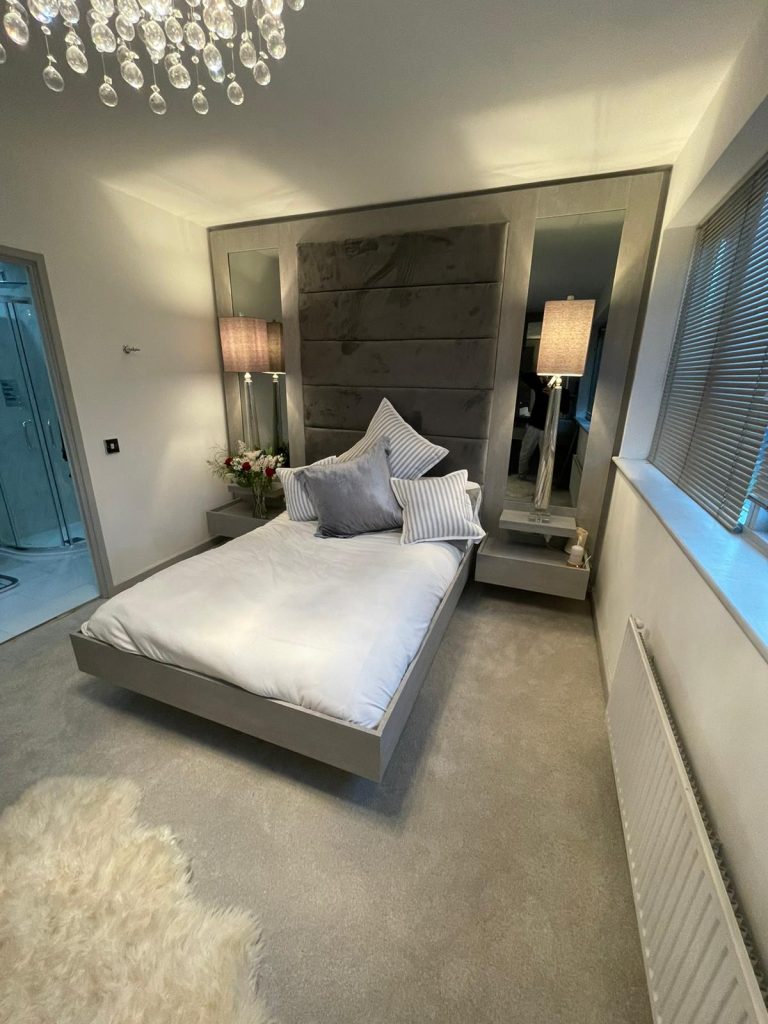 Bespoke Upholstered Bed With Mirrored Panels Furniche